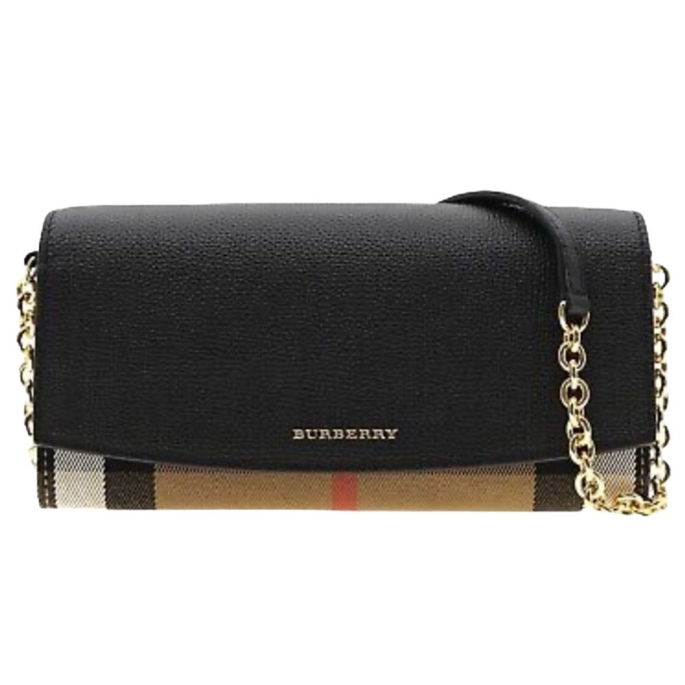 NEW Burberry Black Henley Check Leather Wallet On Chain Clutch Crossbody Bag